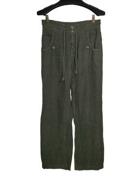 Soft Surroundings Linen Pants Women's XS Green Straight-Leg Gauzy Buttons Tie